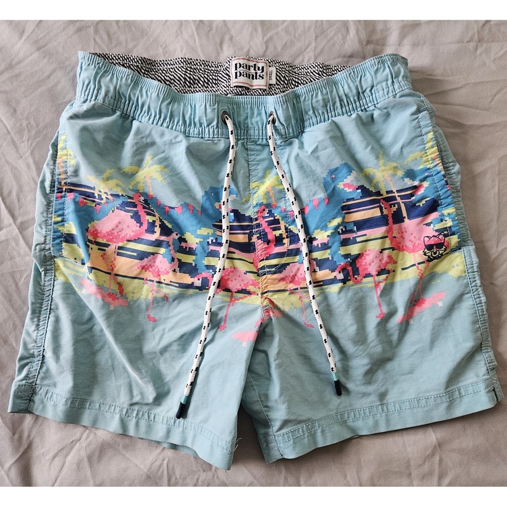Party Pants Men's Flamingo Beach Swim Shorts Size Small Elastic Waist‎ Pockets